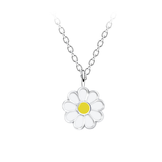 Daisy necklace featuring a white and yellow enamel daisy pendant on a 925 sterling silver chain.