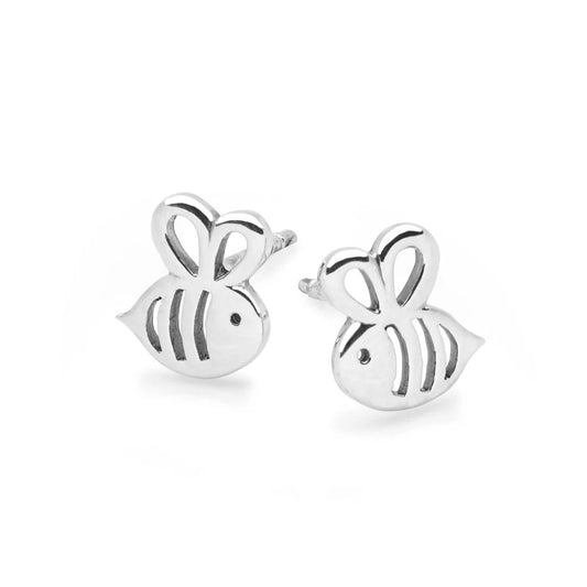 A pair of surgical steel children's earrings shaped like bees with screw back closures.