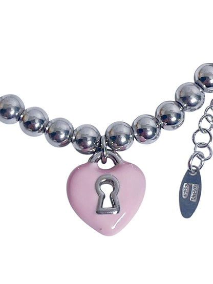 Children's Bracelets:  Sterling Silver Ball Bracelets with Pink Enamel Heart with Lock