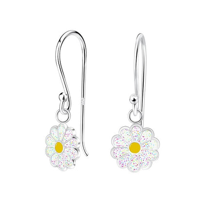 Children's Earrings:  Sterling Silver Hook Earrings with Glitter Enamel Daisies