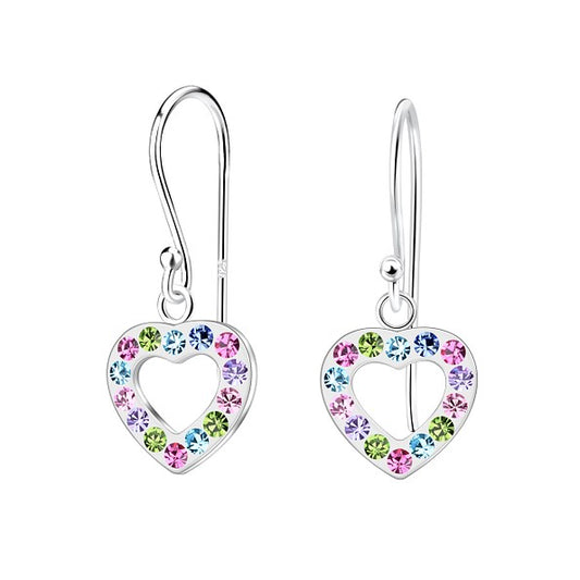 Children's Earrings:  Sterling Silver Hook Earrings with Colourful Crystal Open Hearts