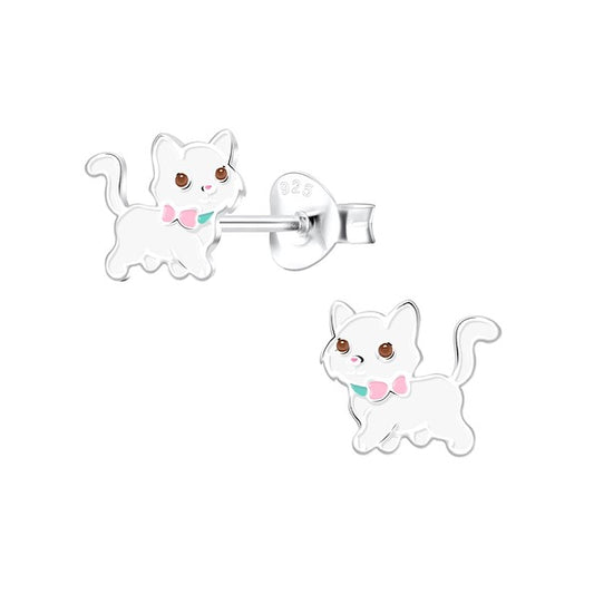 Children's Earrings:  Sterling Silver Cat Wearing a Bow
