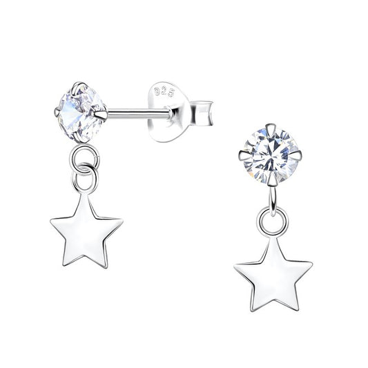 Baby and Children's Earrings:  Sterling Silver 4mm CZ Stud with Star Dangle