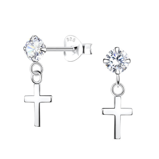 Baby and Children's Earrings:  Sterling Silver 4mm CZ Stud with Cross Dangle