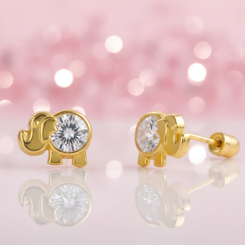 Elephant earrings made of 14k solid gold featuring cubic zirconia studs with screw backs.