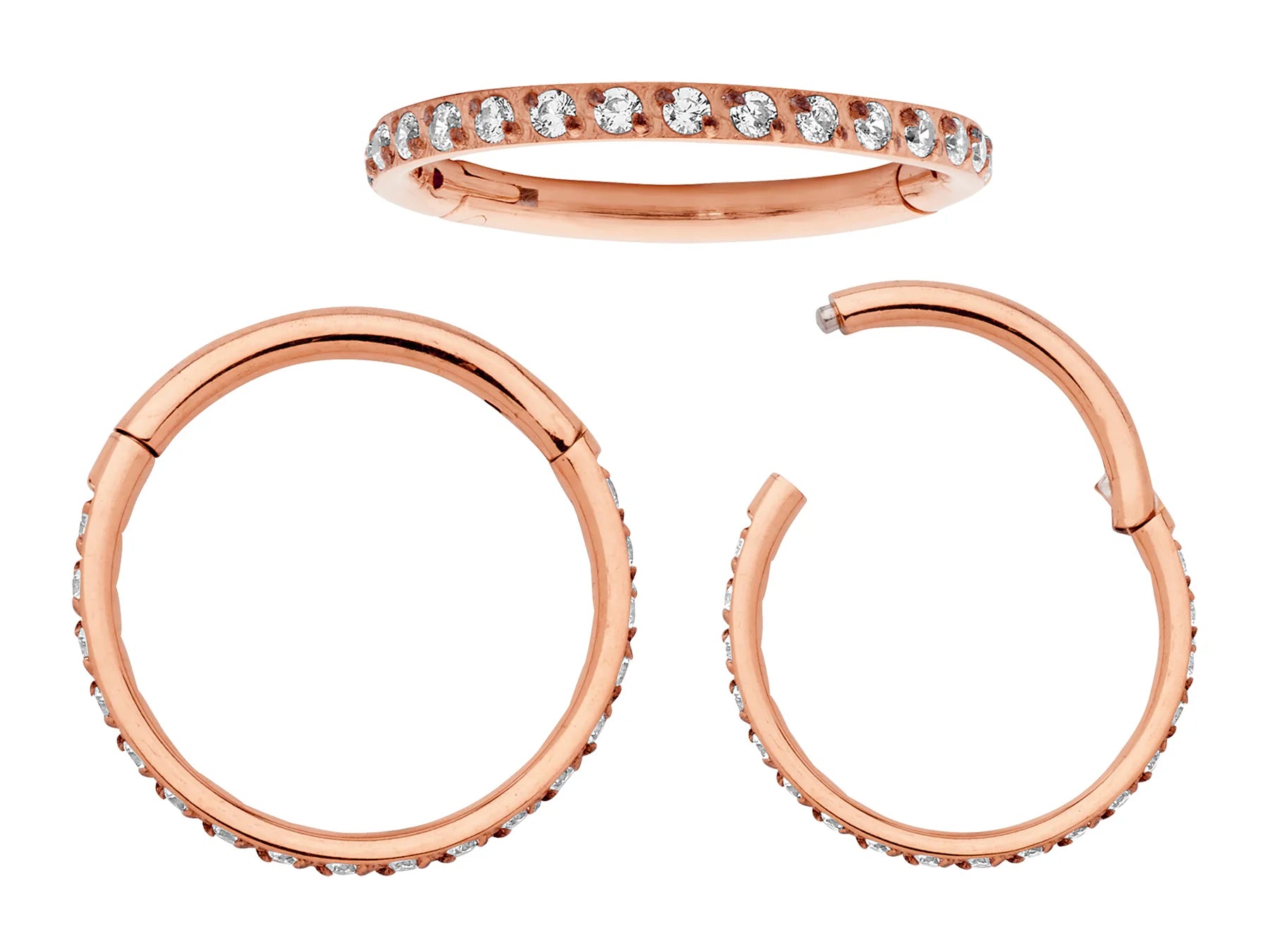 Children's earrings - rose gold anodized G23 titanium paved CZ halo sleepers hinged hoop earrings.
