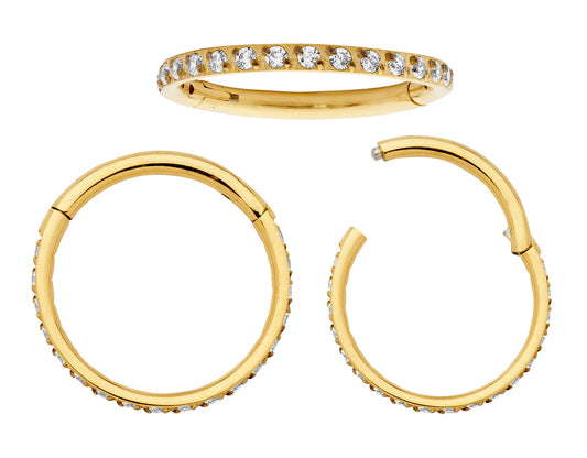 Children's earrings – 22CT gold plated G23 titanium paved CZ halo sleepers hinged hoop earrings.