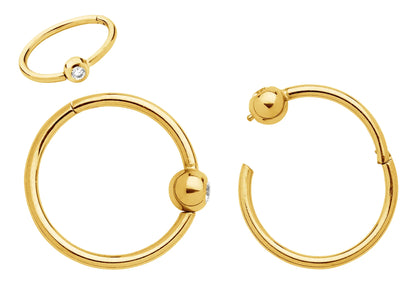 Children's earrings in yellow gold anodized G23 titanium gem halo hinged hoop design, perfect for kids.