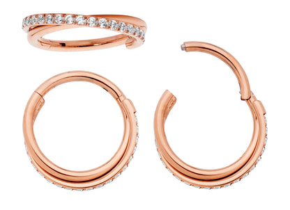 Children's earrings – 22CT Rose Gold Plated G23 Titanium Double Twist CZ Halo Sleepers Hinged Hoop Earrings