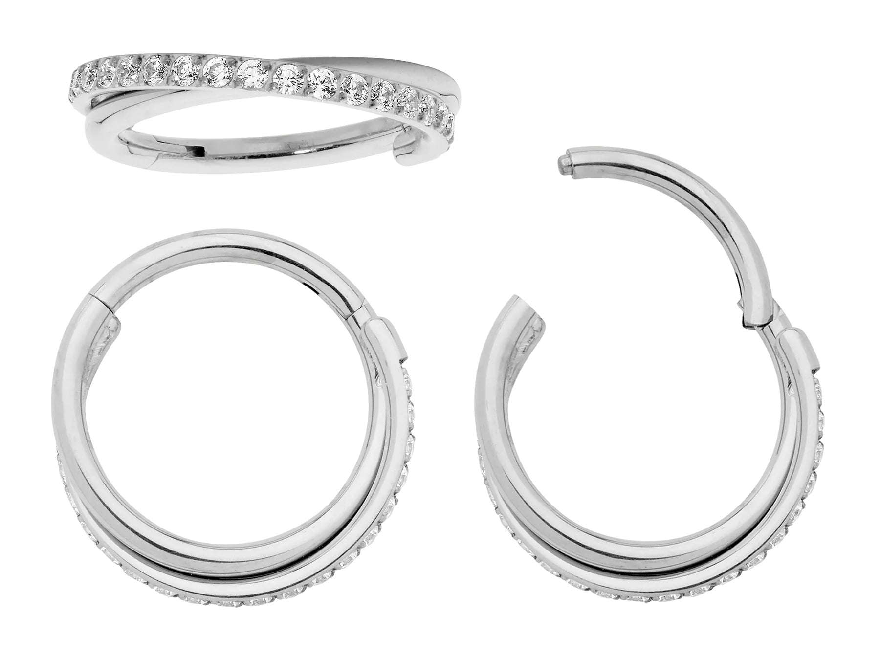 Children's earrings featuring G23 titanium double twist CZ Halo Sleepers hinged hoop design, 10mm size.
