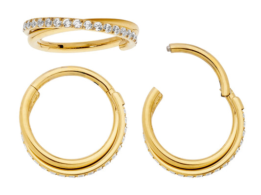 Children's earrings - 22CT gold plated G23 titanium double twist CZ halo sleepers hinged hoop earrings.
