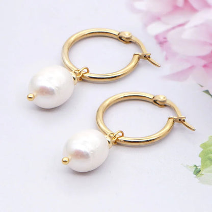 Teens' and Mothers' Earrings:  Surgical Steel with Gold IP, Freshwater Pearl Hoops