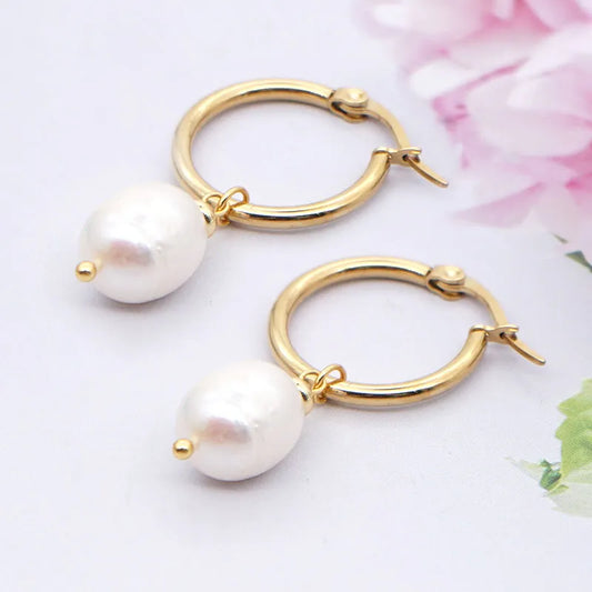 Teens' and Mothers' Earrings:  Surgical Steel with Gold IP, Freshwater Pearl Hoops