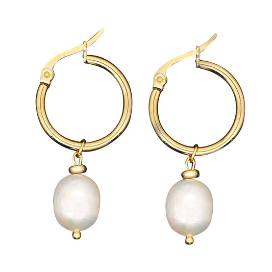 Teens' and Mothers' Earrings:  Surgical Steel with Gold IP, Imperfect Freshwater Pearl Hoops