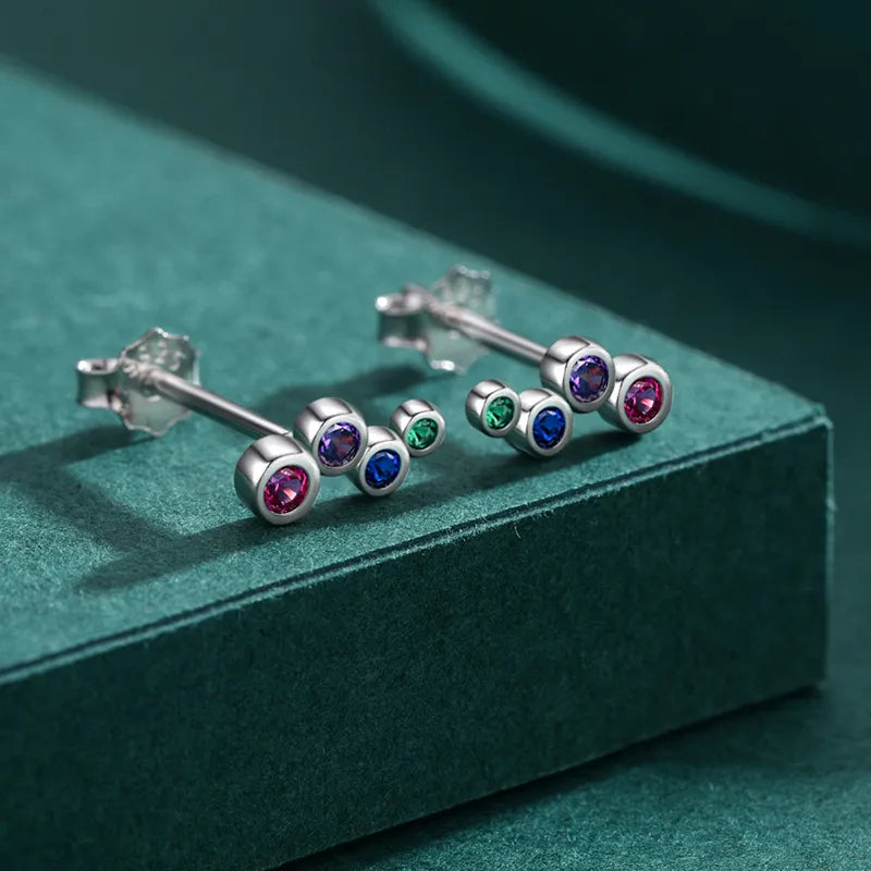 Baby and Children's Earrings:  Sterling Silver Multiple  Bezel Set Coloured CZ with Push Backs