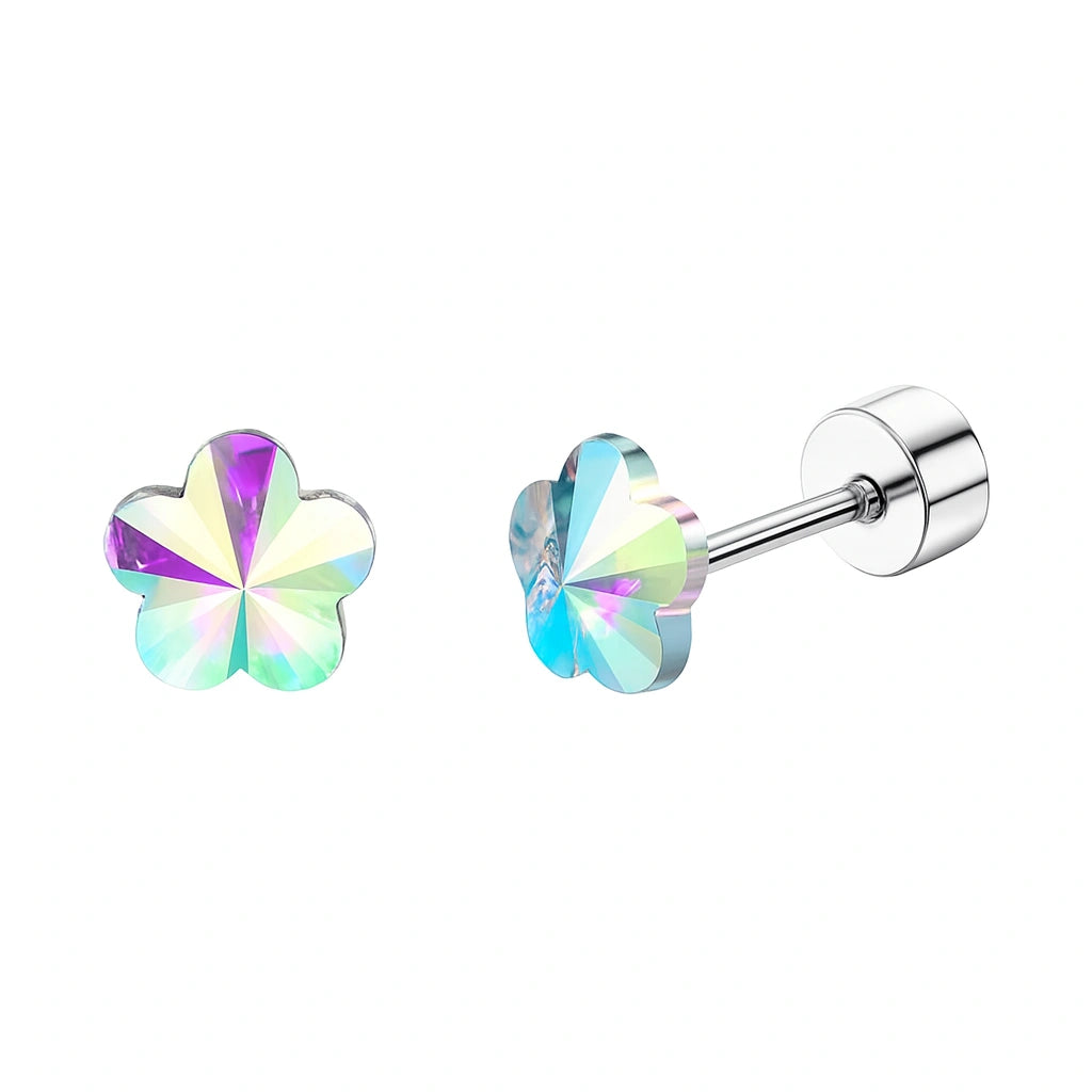 Flower earrings featuring stainless steel and aurora borealis crystal flower screw backs for playful charm.