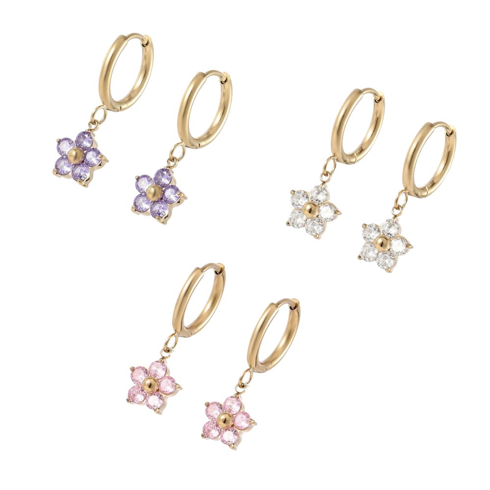 Flower hoop earrings featuring colorful flower charms in purple, pink, and clear cubic zirconia on gold hoops.
