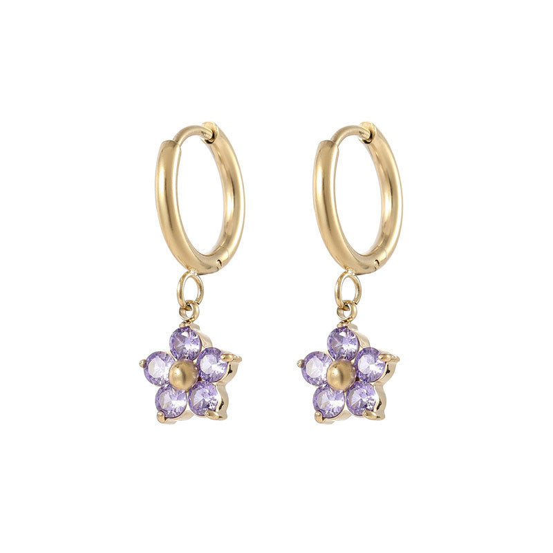Flower hoop earrings featuring purple CZ flowers and 18k gold plating, crafted from surgical steel for comfort.