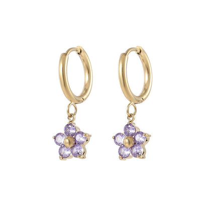 Flower hoop earrings featuring purple CZ flowers and 18k gold plating, crafted from surgical steel for comfort.