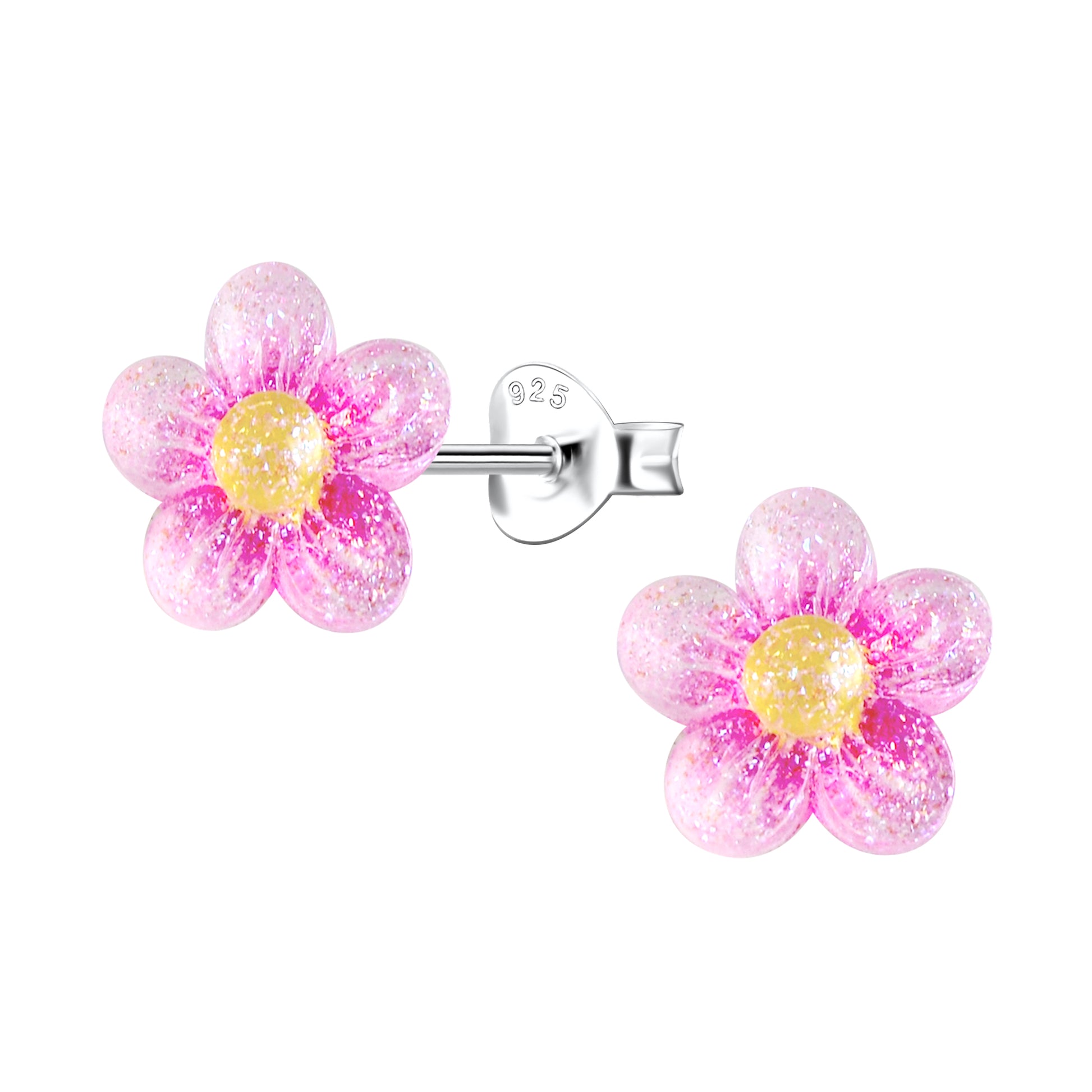 Flower stud earrings featuring pink resin flowers and 925 sterling silver settings, perfect for everyday and special occasions.