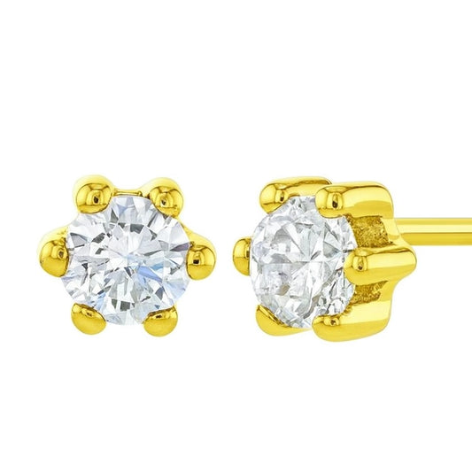 9k gold solitaire cubic zirconia studs with six prong setting on a white background
