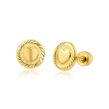 Gold heart earrings crafted from 14k solid gold with framed heart design and secure screw backs.
