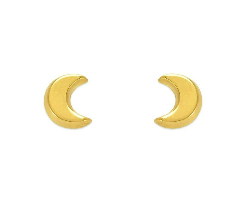 Gold moon earrings made of solid 14k gold featuring moon shapes and screw back closures.