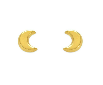 Gold moon earrings made of solid 14k gold featuring moon shapes and screw back closures.