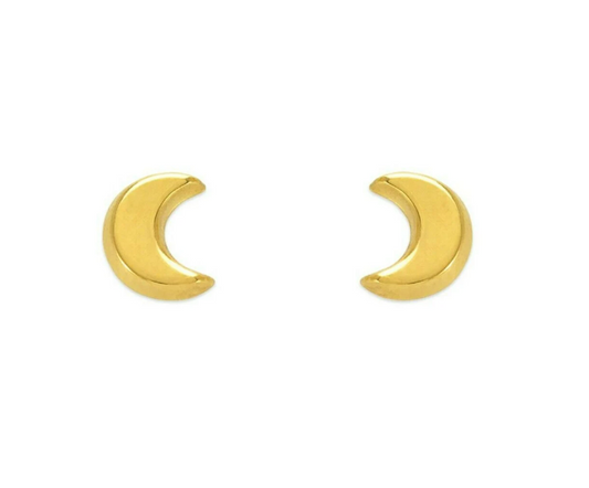 Gold moon earrings made of solid 14k gold featuring moon shapes and screw back closures.