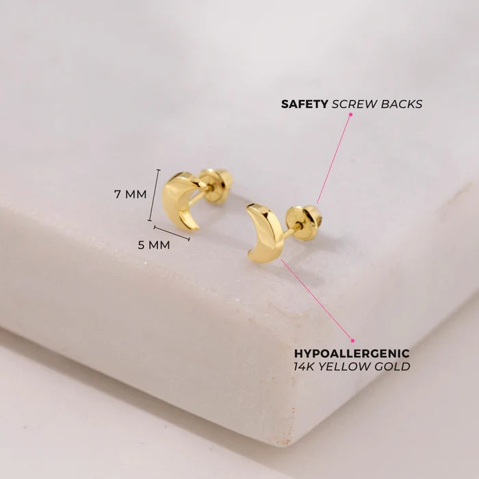 Gold moon earrings in 14k solid gold with screw back closures, hypoallergenic design for comfortable daily wear.