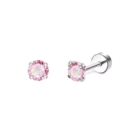 Baby and Children's Earrings:  Surgical Steel 4mm Pink CZ Earrings with Screw Backs