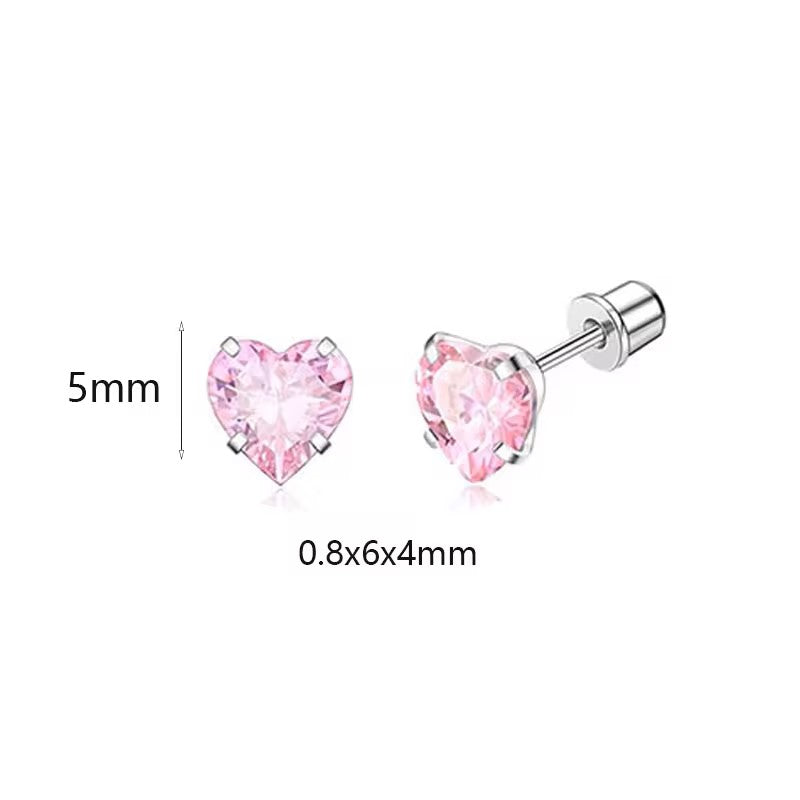 Baby and Children's Earrings:  Surgical Steel 5mm Pink CZ Hearts with Screw Backs