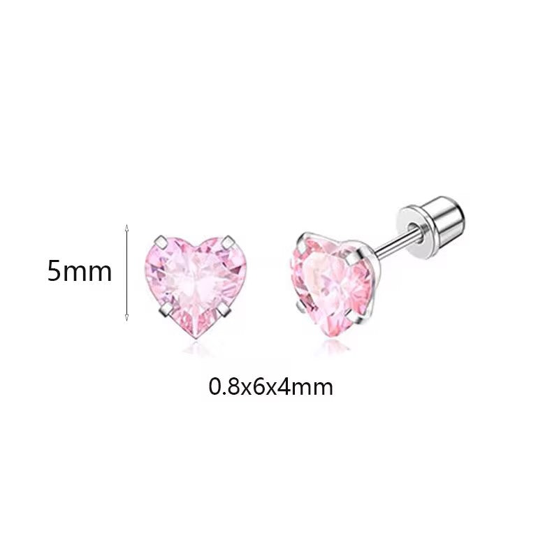 Baby and Children's Earrings:  Surgical Steel 5mm Pink AAA CZ Hearts with Screw Backs