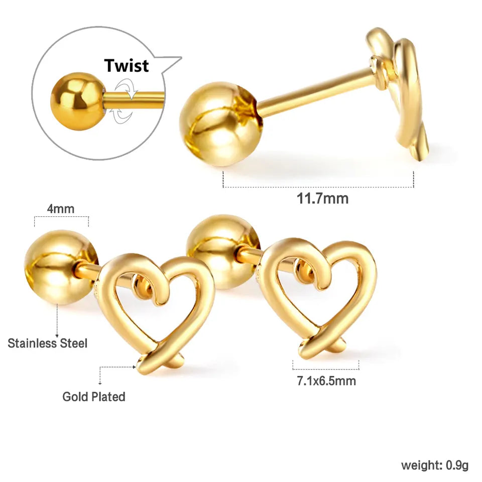 Children's, Teens' and Mothers' Earrings:  Surgical Steel, Gold IP, Crossed Heart Reversible Earrings with Screw Backs