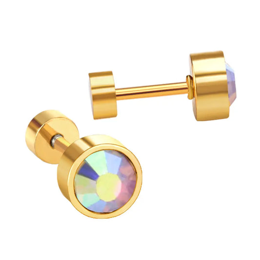 Children's, Teens' and Mothers' Earrings:  Surgical Steel with Gold IP, Aurora Borealis CZ Screw Back Earrings
