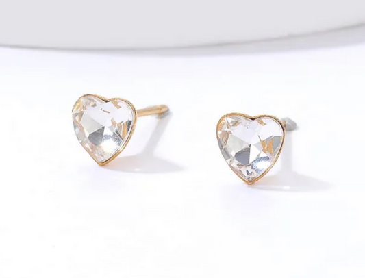 Children's, Teens' and Mothers' Earrings:  Steel with 18k Gold Plating Clear Faceted CZ Hearts