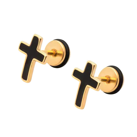 Children's, Teens' and Mother's Earrings:  Surgical Steel with Gold IP, Hip Hop Style Cross Earrings with Easy Grip Screw Backs