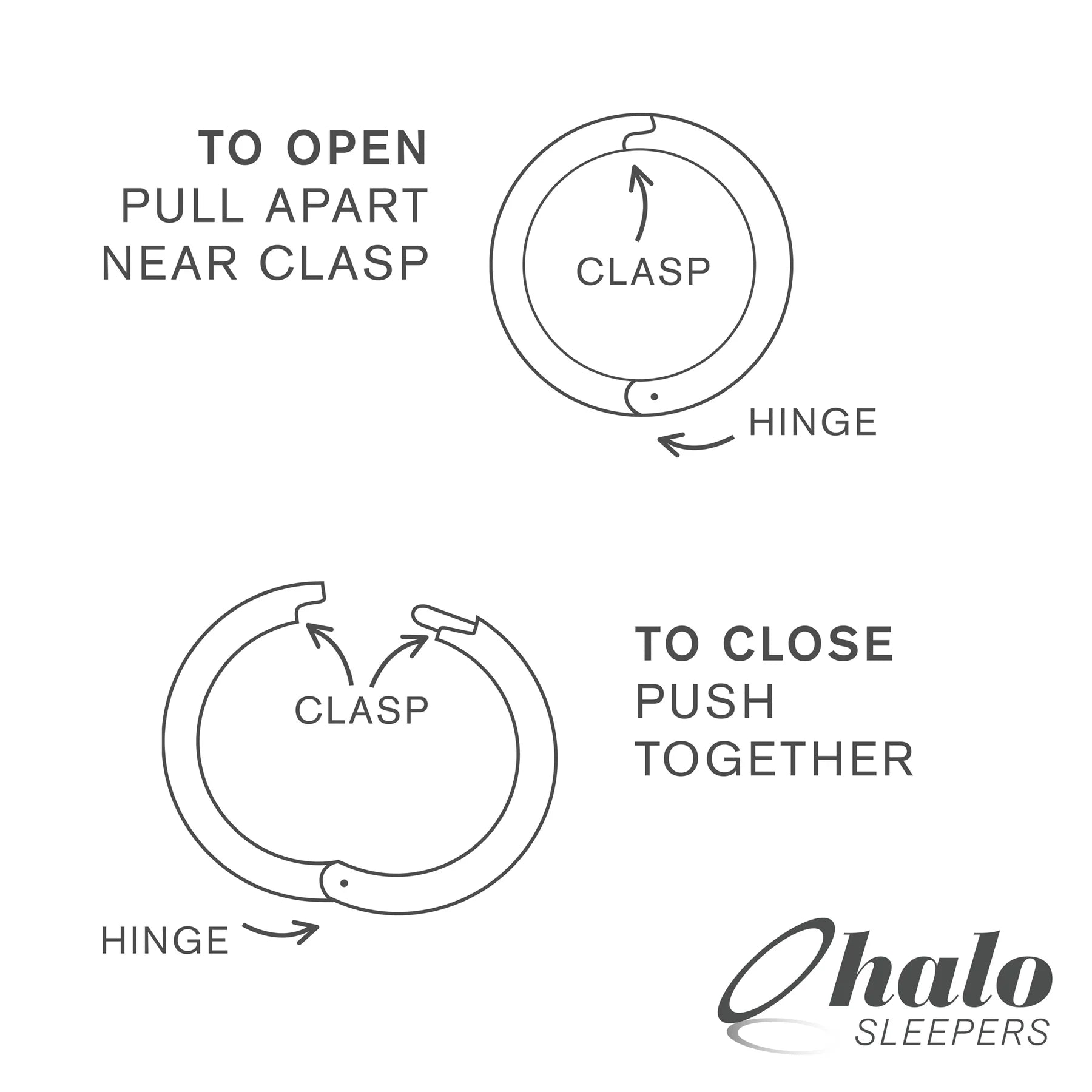 Instructions for opening and closing Halo Sleepers baby earrings with hinged clasp mechanism.