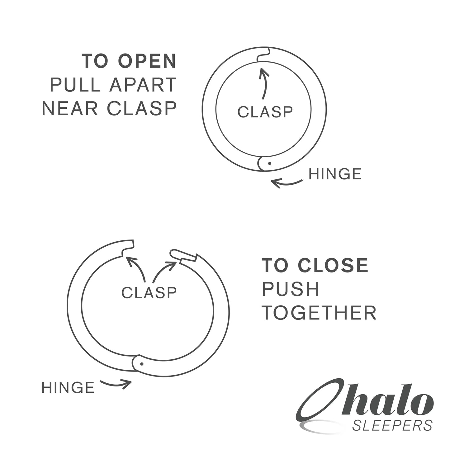 Instructions for opening and closing Halo Sleepers hinged hoop children's earrings