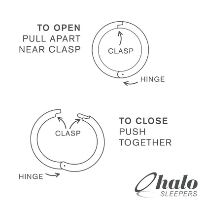 Instructions for opening and closing Halo Sleepers hinged hoop children's earrings