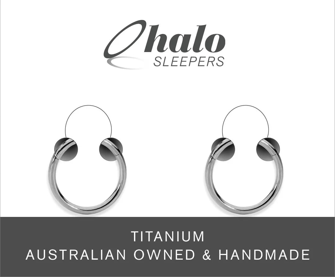 Children's earrings made from G23 titanium, polished 18G Halo Sleepers hinged hoop design, handmade in Australia.