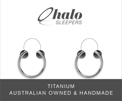 Children's earrings made from G23 titanium, polished 18G Halo Sleepers hinged hoop design, handmade in Australia.