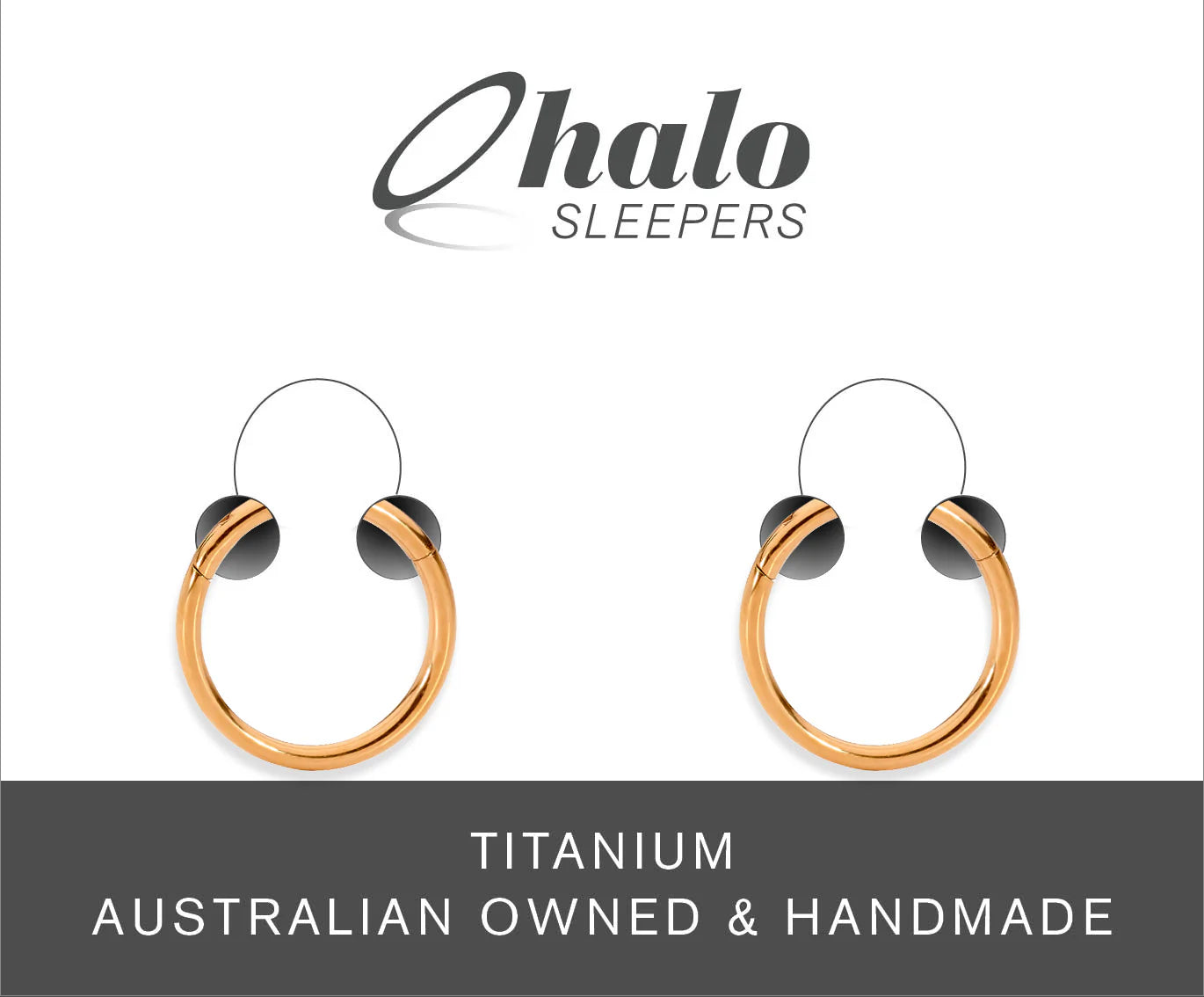 Baby earrings in rose gold anodized G23 titanium, polished 20G hinged hoop style by Halo Sleepers, Australian made.