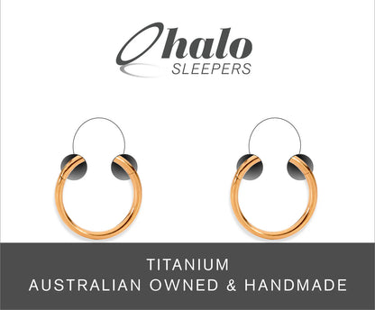 Baby earrings in rose gold anodized G23 titanium, polished 20G hinged hoop style by Halo Sleepers, Australian made.