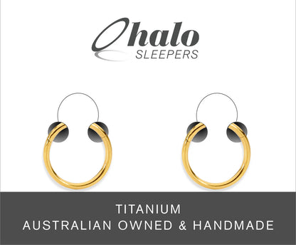 baby earrings by Halo Sleepers featuring yellow gold anodized G23 titanium polished hoop design.