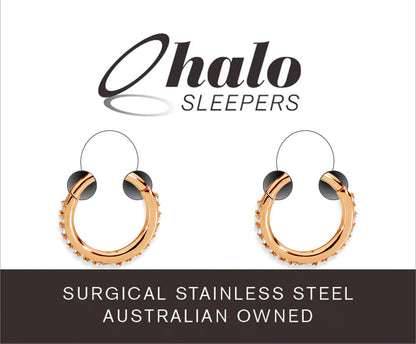 Children's earrings in rose gold plated 316L surgical steel with CZ halo design by Halo Sleepers.
