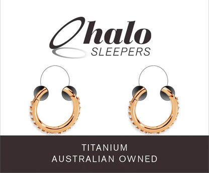 Children's earrings in rose gold anodized titanium with paved CZ halo design, perfect for kids and teens.
