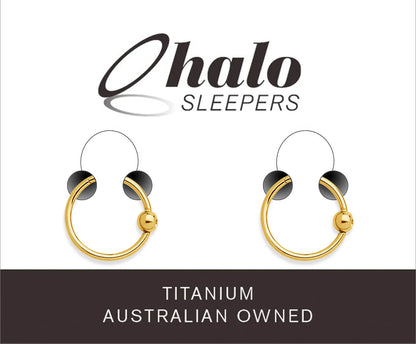 Children's earrings made from G23 titanium with yellow gold anodized finish by Halo Sleepers.