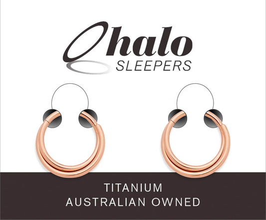 Children's earrings in 22CT rose gold plated titanium by Halo Sleepers, designed for children and teens.