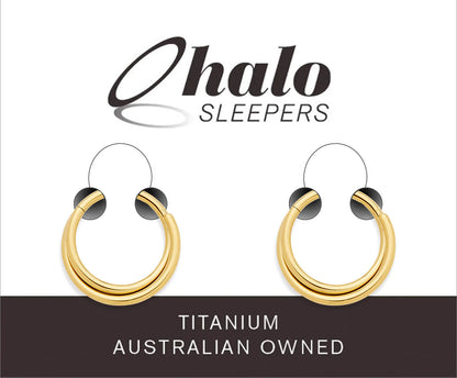 Children's earrings featuring 22CT gold plated G23 titanium double twist hinged hoop design by Halo Sleepers.